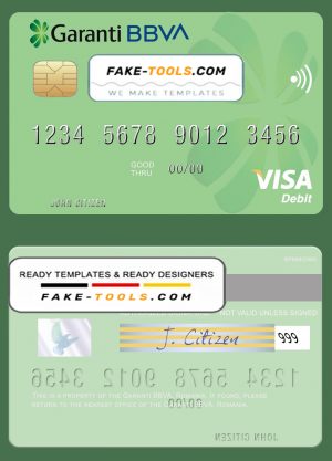 Romania Garanti BBVA visa debit card, fully editable template in PSD format