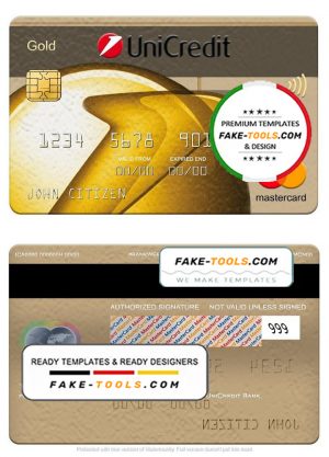 Romania UniCredit Bank mastercard gold, fully editable template in PSD format
