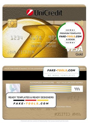 Romania UniCredit Bank visa gold card, fully editable template in PSD format