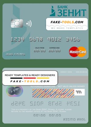 Russia Bank ZENIT mastercard, fully editable template in PSD format