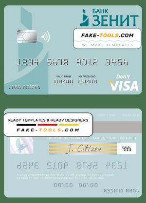 Russia Bank ZENIT visa debit card, fully editable template in PSD format