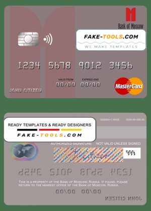 Russia Bank of Moscow mastercard, fully editable template in PSD format