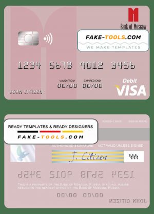 Russia Bank of Moscow visa debit card, fully editable template in PSD format