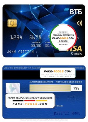 Russia VTB bank visa classic card, fully editable template in PSD format