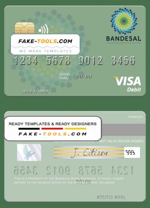Salvador Bandesal Bank visa debit credit card template in PSD format, fully editable