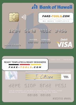 Samoa Bank of Hawaii visa debit card template in PSD format, fully editable