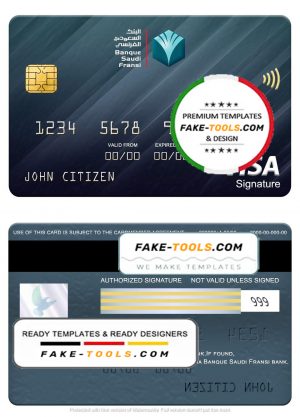 Saudi Arabia Banque Saudi Fransi bank visa signature card, fully editable template in PSD format