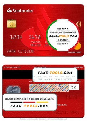 Spain Santander bank mastercard, fully editable template in PSD format