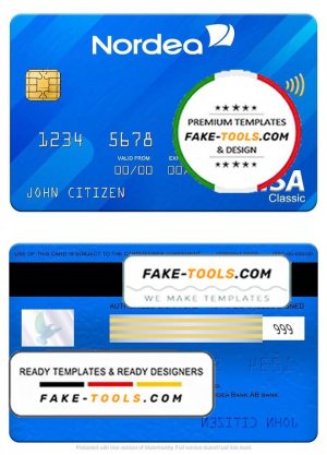 Sweden Nordea Bank AB bank visa classic card, fully editable template in PSD format