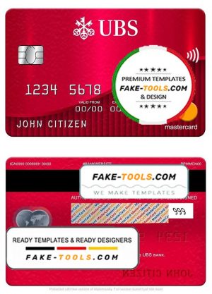 Switzerland UBS bank mastercard, fully editable template in PSD format
