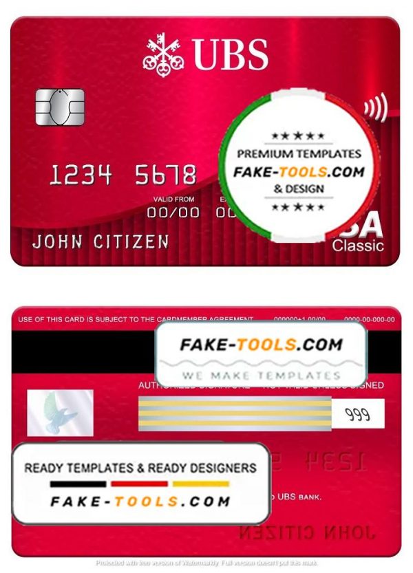 Switzerland UBS bank visa classic card, fully editable template in PSD format