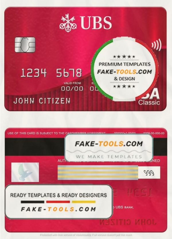 Switzerland UBS bank visa classic card, fully editable template in PSD format scan effect