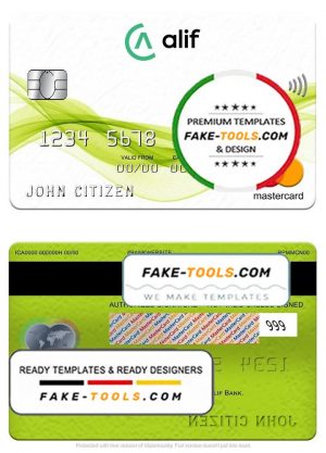 Tajikistan Alif Bank mastercard, fully editable template in PSD format