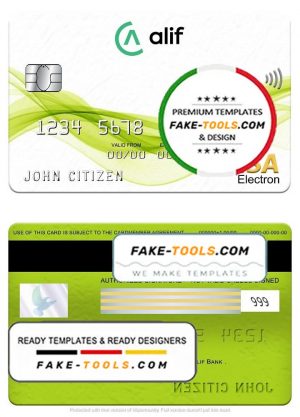 Tajikistan Alif Bank visa electron card, fully editable template in PSD format