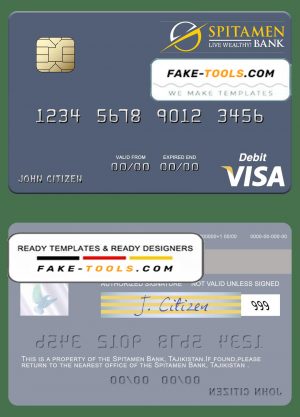 Tajikistan Spitamen Bank visa debit card template in PSD format