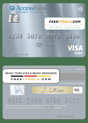 Tanzania AccessBank visa debit card template in PSD format