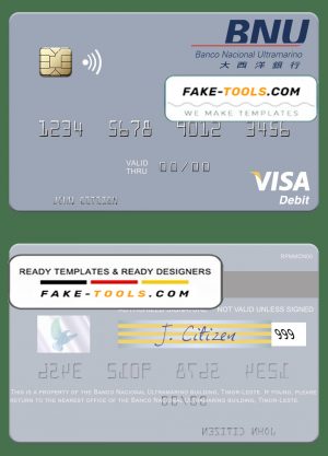 Timor-Leste Banco Nacional Ultramarino building visa debit card template in PSD format