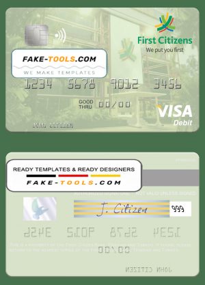 Trinidad and Tobago First Citizes Bank visa debit card template in PSD format