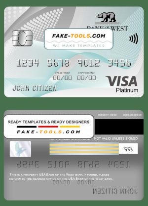 USA Bank of the West bank visa platinum card fully editable template in PSD format