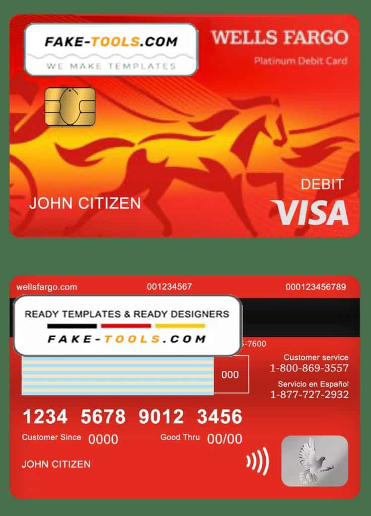 USA Wells Fargo bank visa debit card template in PSD format, version 2