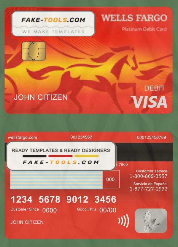 USA Wells Fargo bank visa debit card template in PSD format, version 2 scan effect