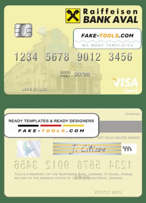 Ukraine Raiffeisen Bank visa debit card template in PSD format