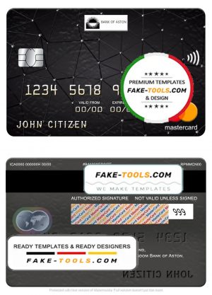 United Kingdom Bank of Aston bank mastercard, fully editable template in PSD format