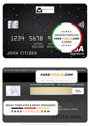 United Kingdom Bank of Aston bank visa signature card, fully editable template in PSD format