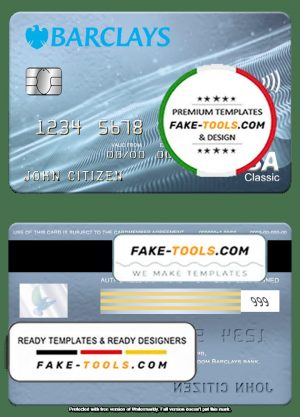 United Kingdom Barclays bank visa classic card, fully editable template in PSD format
