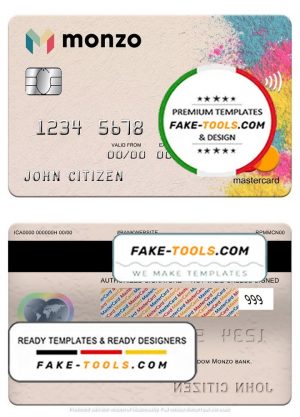 United Kingdom Monzo bank mastercard, fully editable template in PSD format