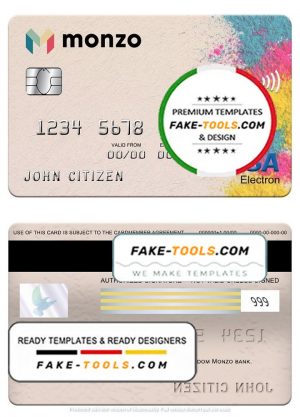 United Kingdom Monzo bank visa electron card, fully editable template in PSD format
