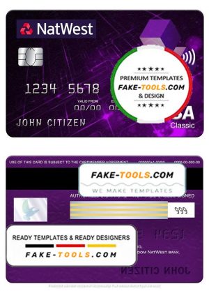United Kingdom NatWest bank visa classic card, fully editable template in PSD format