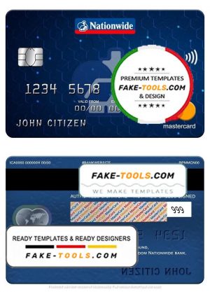 United Kingdom Nationwide bank mastercard, fully editable template in PSD format