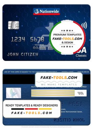 United Kingdom Nationwide bank visa classic card, fully editable template in PSD format