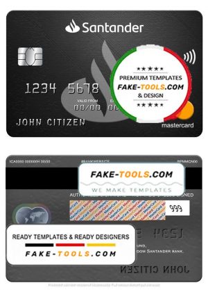 United Kingdom Santander bank mastercard, fully editable template in PSD format