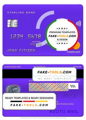 United Kingdom Starling bank mastercard, fully editable template in PSD format