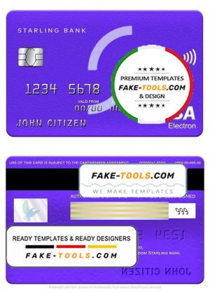 United Kingdom Starling bank visa electron card, fully editable template in PSD format