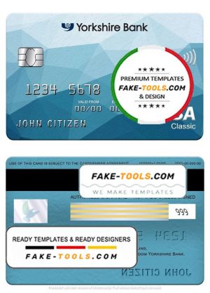 United Kingdom Yorkshire Bank visa classic card, fully editable template in PSD format
