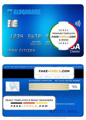 Uzbekistan Aloqabank visa classic card, fully editable template in PSD format