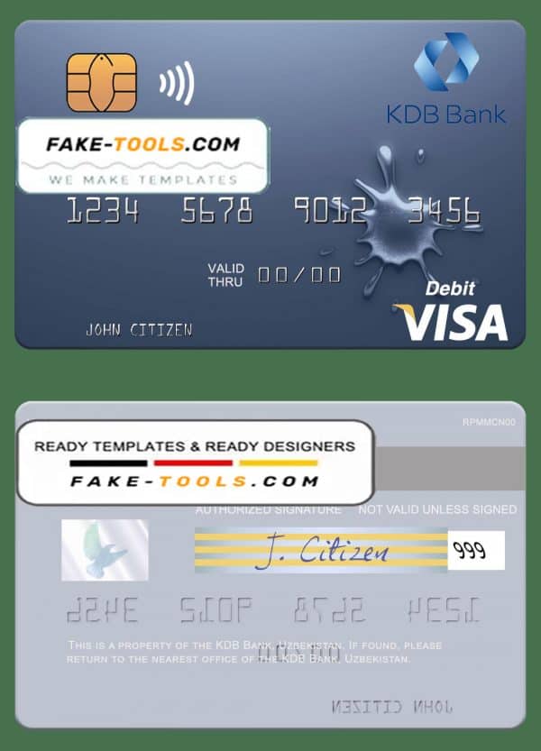 Uzbekistan KDB Bank visa debit card template in PSD format