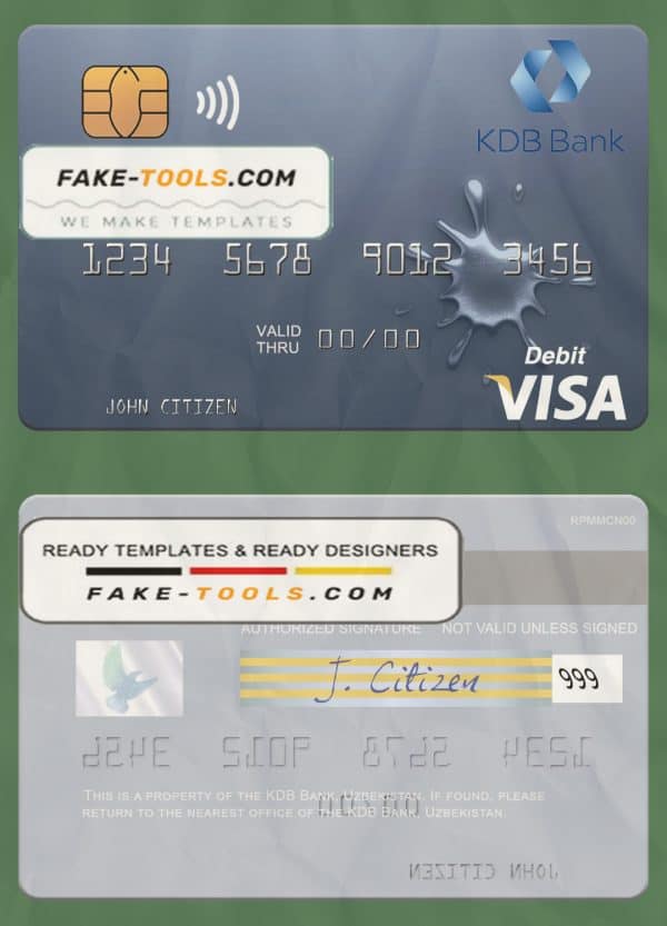 Uzbekistan KDB Bank visa debit card template in PSD format