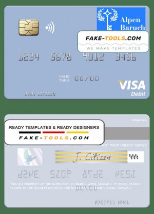 Vanuatu Alpen Baruch Bank Limited visa debit card template in PSD format
