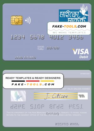 Vanuatu Asia Merchant Bank Limited visa debit card template in PSD format