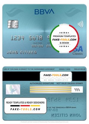 Venezuela BBVA bank visa classic card, fully editable template in PSD format Venezuela BBVA bank visa classic card, fully editable template in PSD format