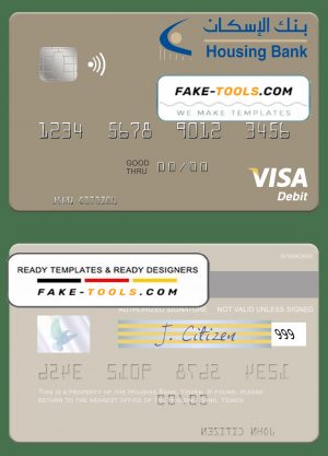 Yemen Housing Bank visa debit card template in PSD format