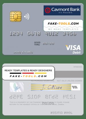 Zambia Cavmont Bank visa debit credit card template in PSD format