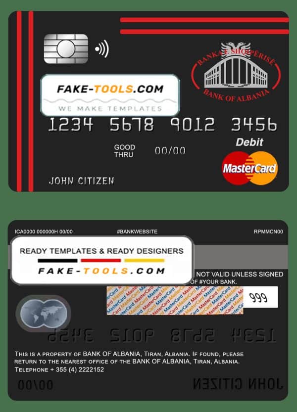 Albania Bank of Albania bank mastercard debit card template in PSD format, fully editable