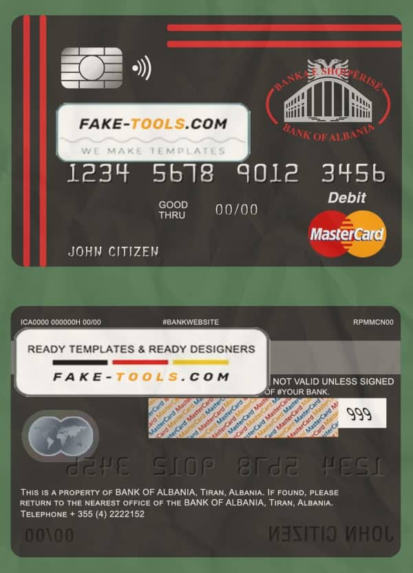 Albania Bank of Albania bank mastercard debit card template in PSD format, fully editable scan effect