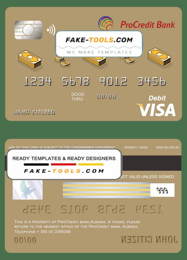 Albania ProCredit bank visa card debit card template in PSD format, fully editable