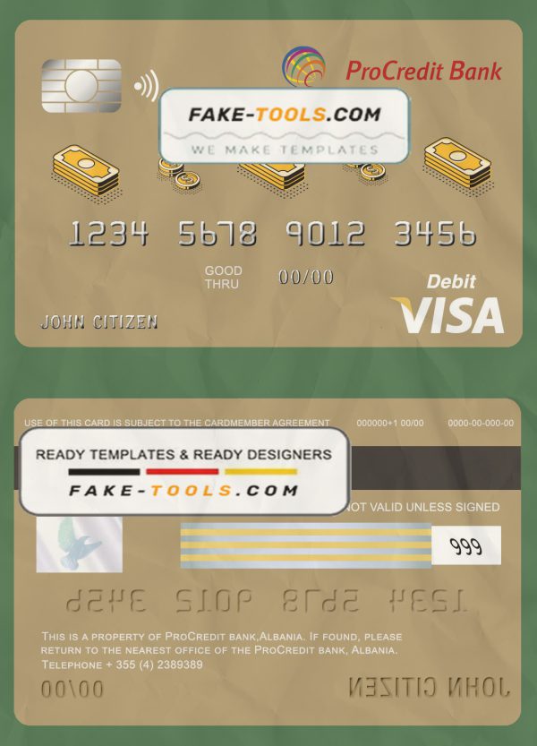 Albania ProCredit bank visa card debit card template in PSD format, fully editable